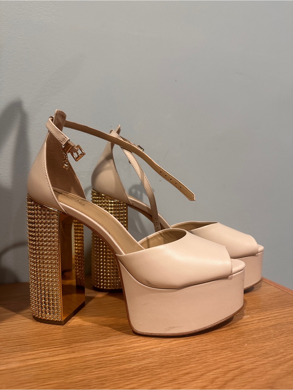 Michael Kors Nude Blush Platform Peep-Toe Sandals with Gold Studded Block Heel